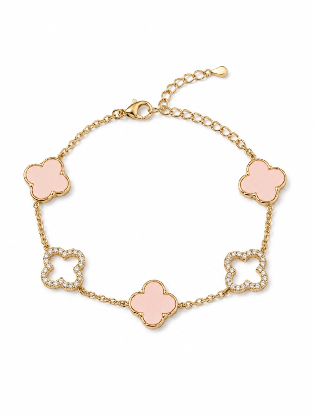 18K Gold Plated Pink and Rhinestone Clover Bracelet
